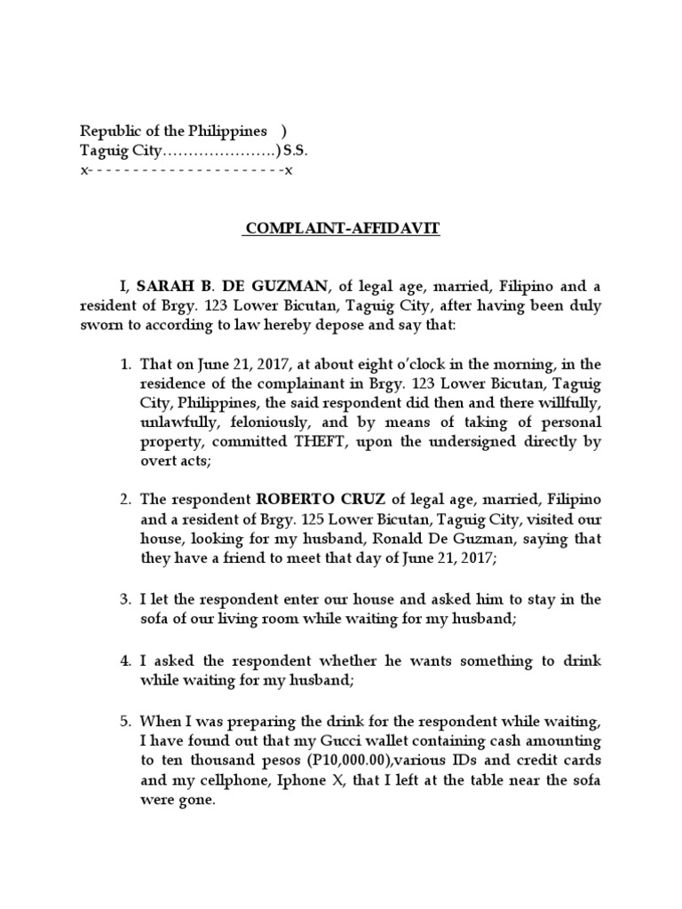 Sample of affidavit of complaint theft final 1 pdf affidavit