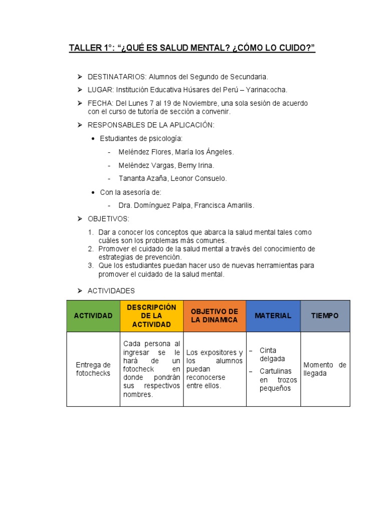 Taller de Salud Mental para Secundaria | PDF | Salud mental | Trastorno ...
