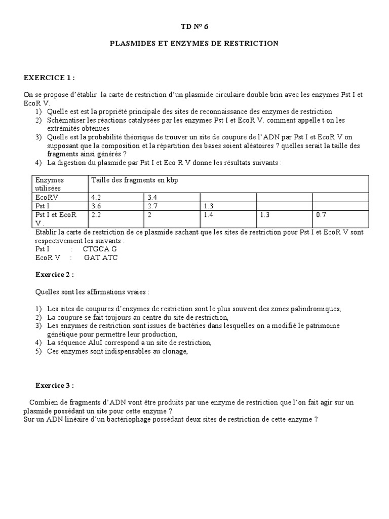 Carte de restriction et exercices corrigés PDF Enzyme de — free download