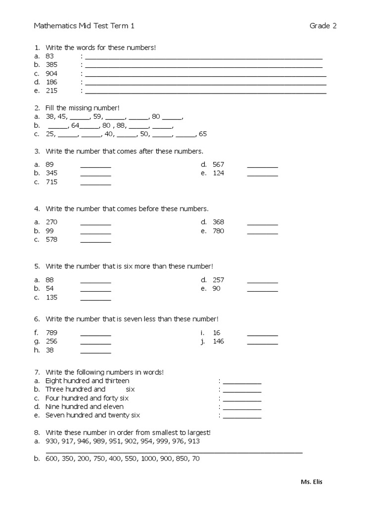 Math Mid Test Term 1 Grade 2 Pdf Mathematics