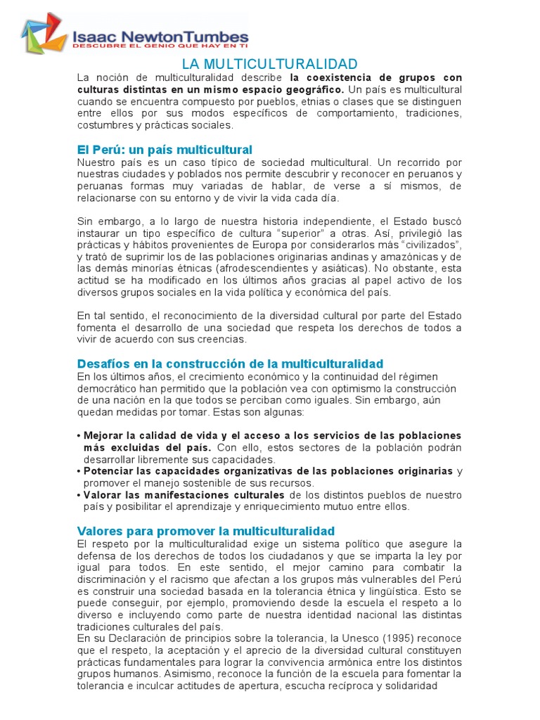 Multiculturalidad en el Perú: Retos y Valores | PDF | Multiculturalismo ...