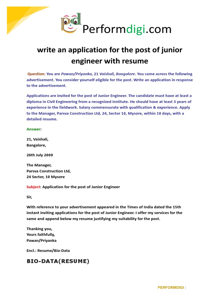 Write An Application For The Post of Junior Engineer With Resume | PDF