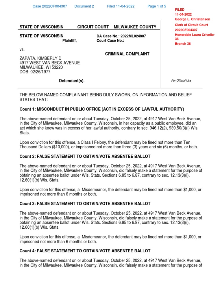 Milwaukee County Case2022CF004307 State of Wisconsin vs. Kimberly D