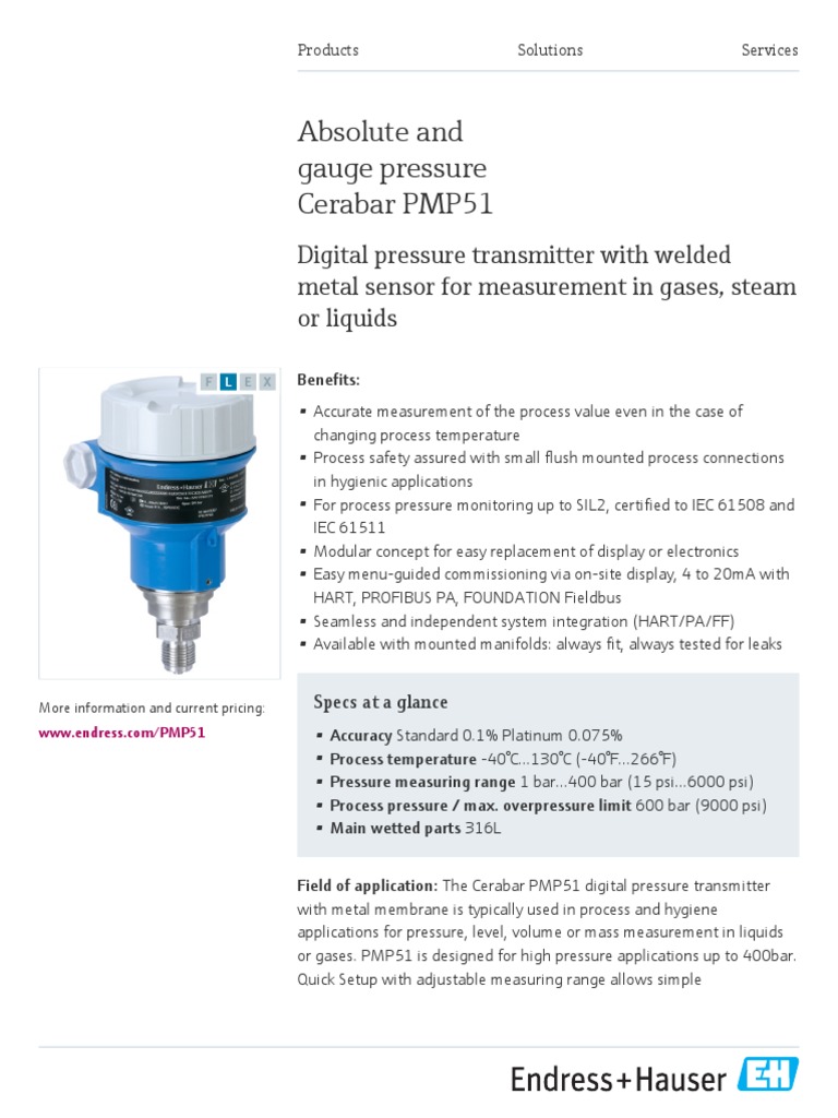 Cerabar PMP51 Pressure Transmitter Guide | PDF | Pressure Measurement ...