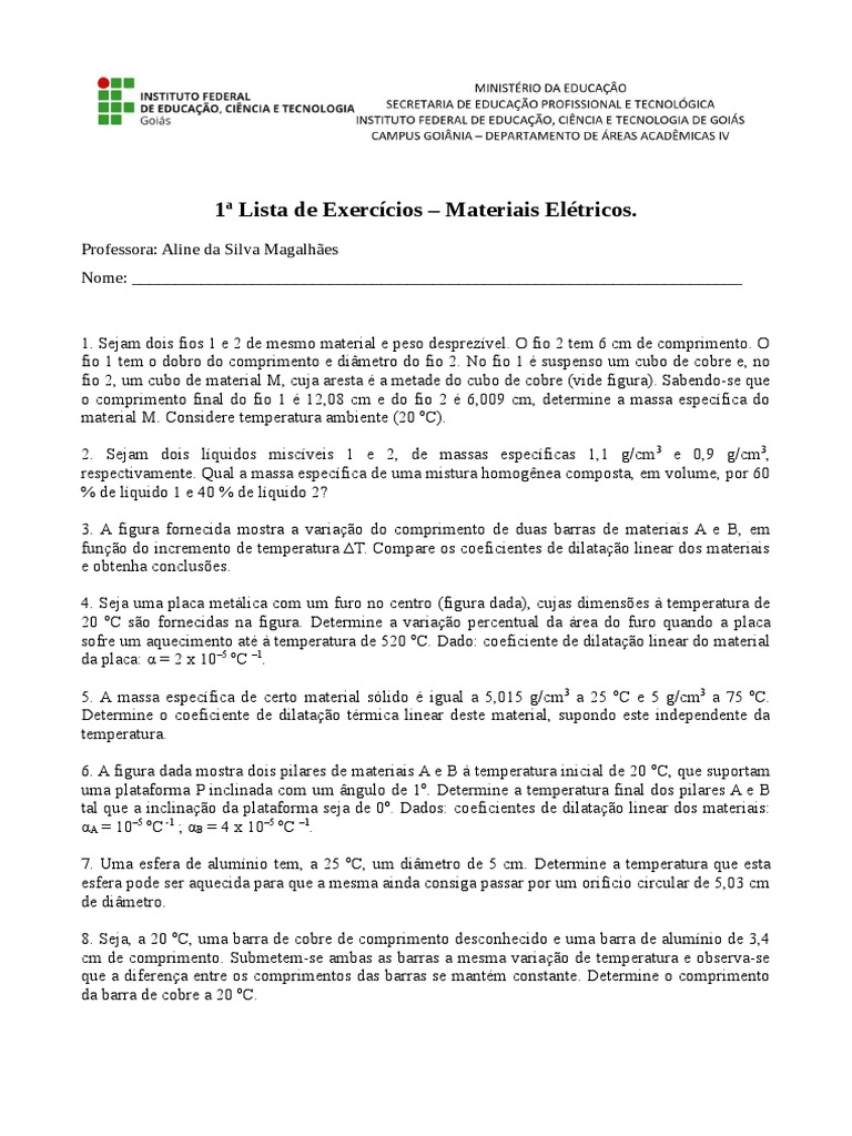 Exercícios sobre Dilatação Térmica | PDF | Expansão térmica | Temperatura