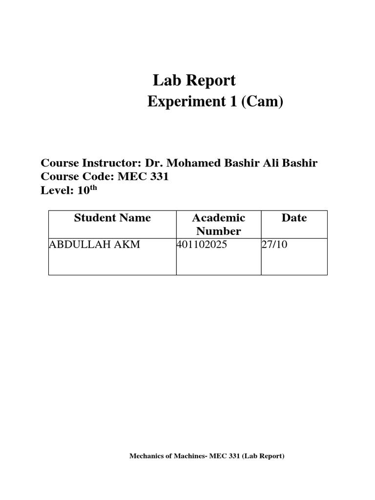 MEC 331 Lab Report: Cam & Belt Friction | PDF | Belt (Mechanical ...