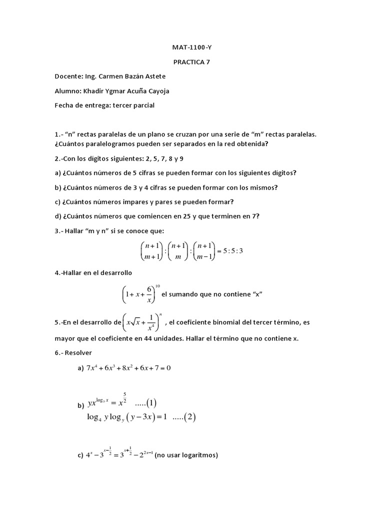 Practica 7 Mat 1100 Y | PDF | Conceptos matemáticos | Análisis matemático