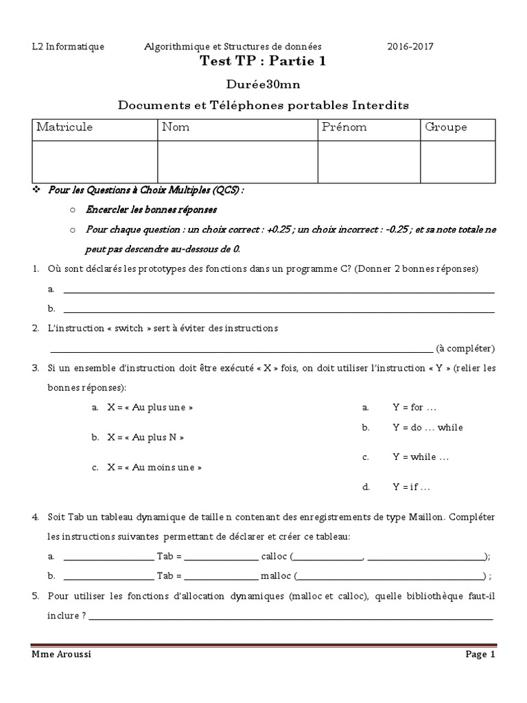Test TP Algorithmique C 2016-2017 | PDF | Programme informatique ...
