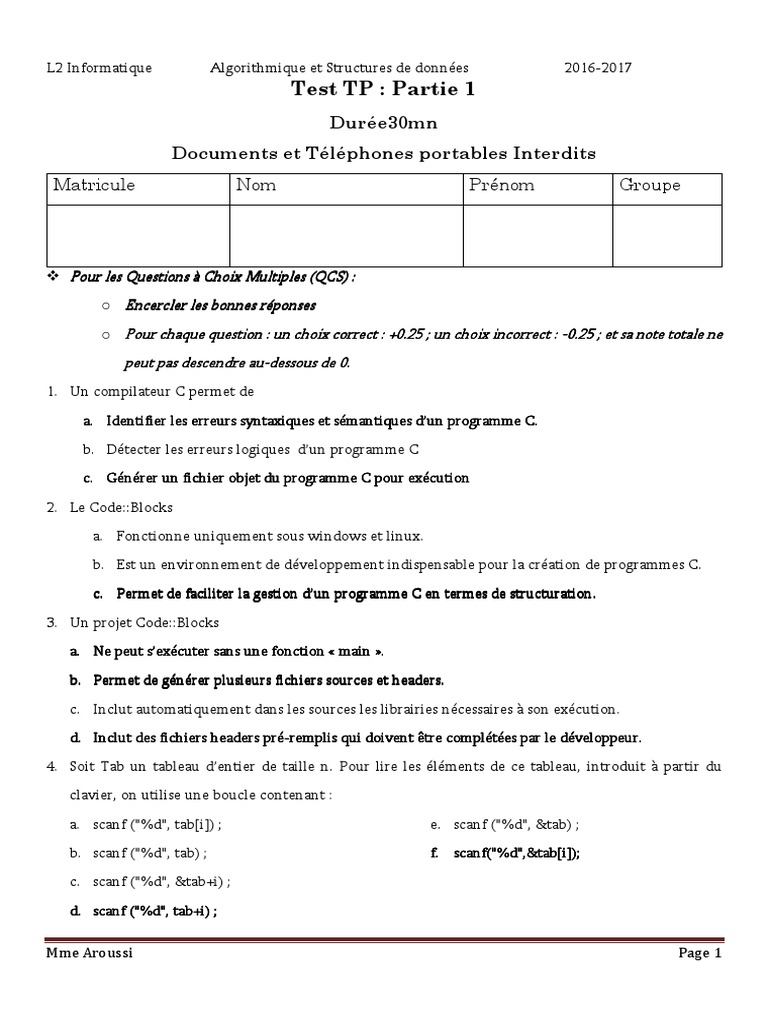 Test TP Question Sujet B + Solution | PDF | Programme informatique ...