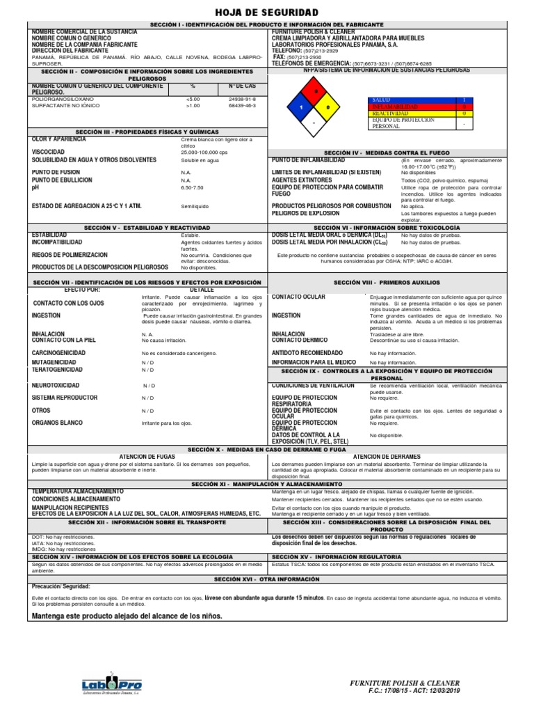 Msds Furniture Polish Cleaner PDF Agua Solubilidad
