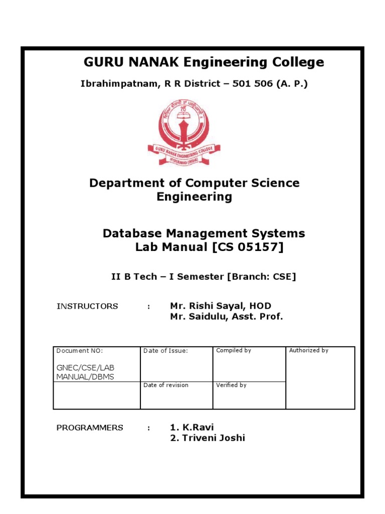 Dbms Lab Manual Relational Model Databases