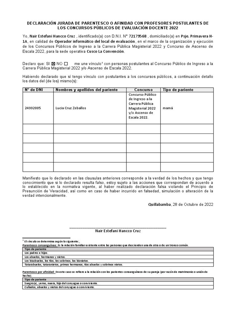 Declaración Jurada de Parentesco 2022 | PDF | Parentesco | Parentesco y ...
