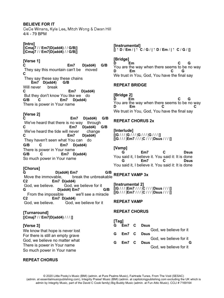CeCe Winans Believe For It (Revised) Chord Chart PDF Song