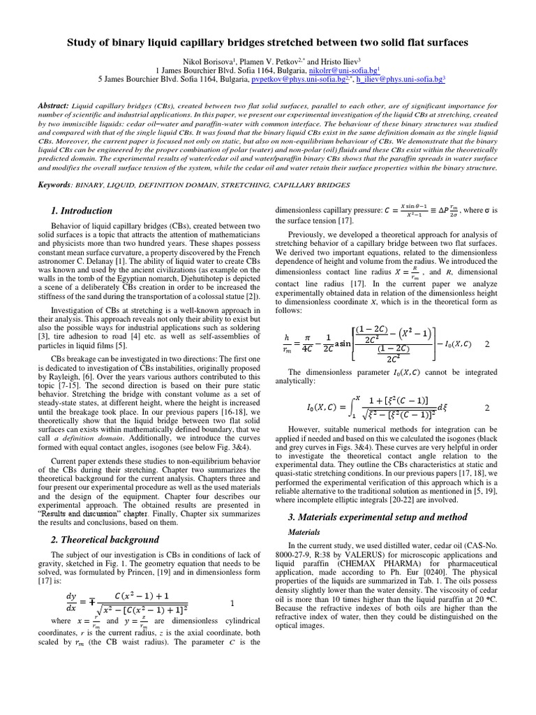 Binary Liquid Capillary Bridges Study | PDF | Drop (Liquid) | Chemistry