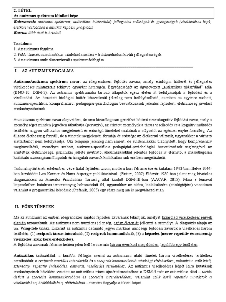 Az Autizmus Spektrum Klinikai Képe Tétel | PDF