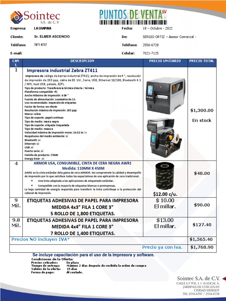 Cotizacion Impresora de Etiquetas Adhesivas Industrial Zebra Zt411