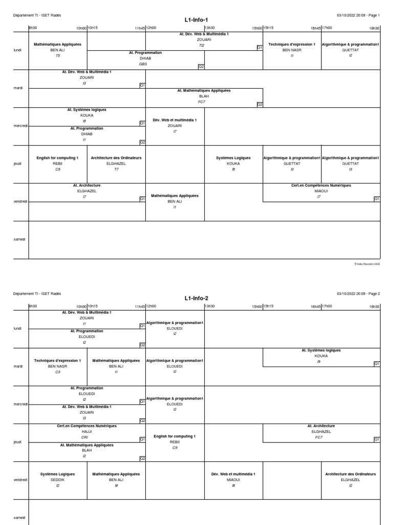 Emploi Du Temps Classes | PDF | Âge de l'information | Informatique