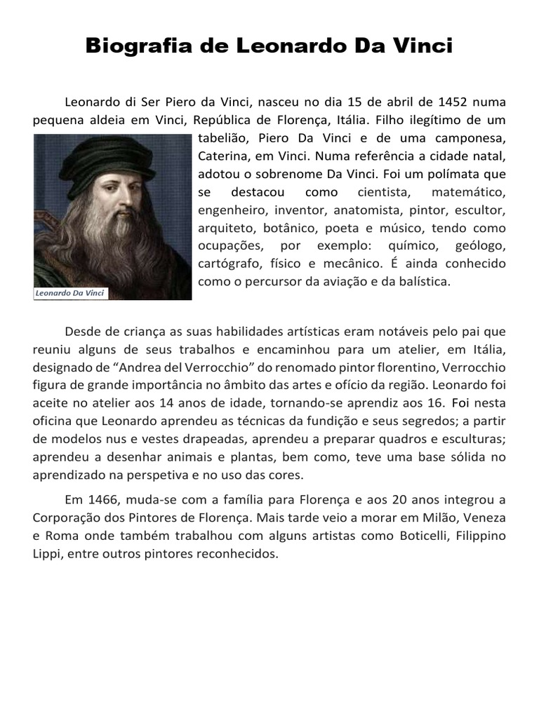 Biografia de Leonardo da Vinci | PDF | Leonardo da Vinci | Renascimento