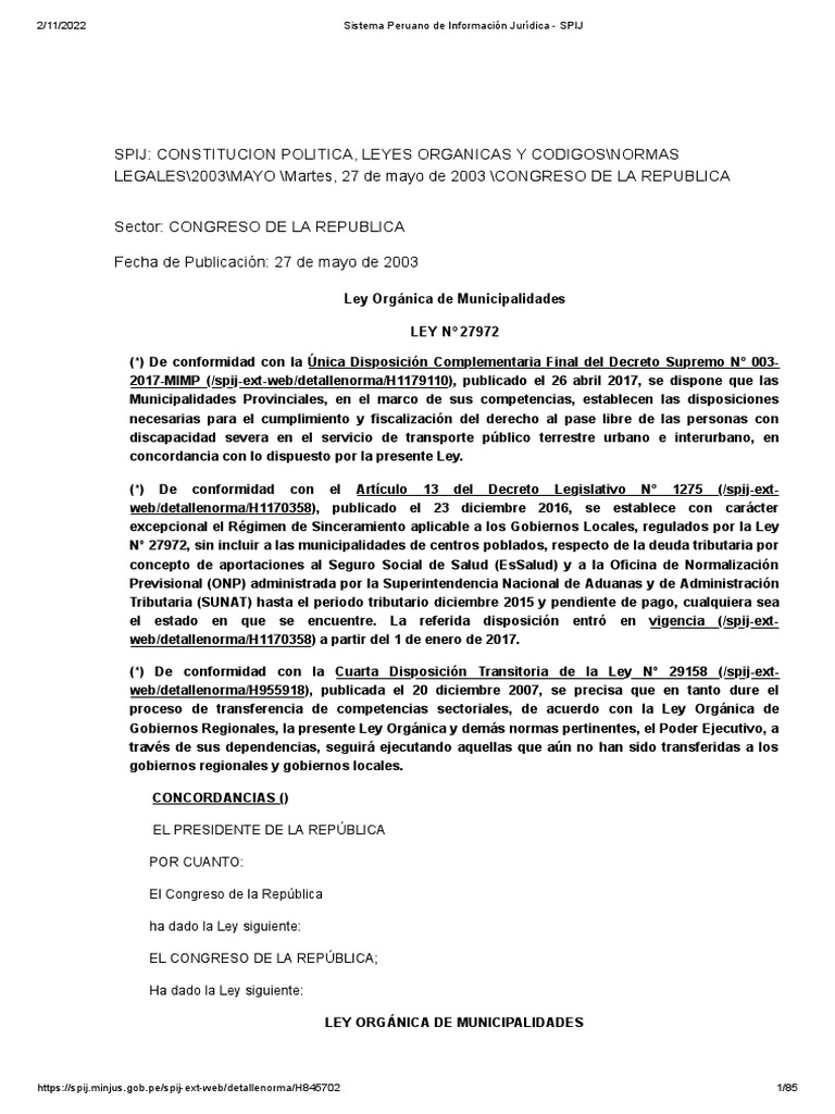 Ley 27972 PDF Gobierno local Alcalde