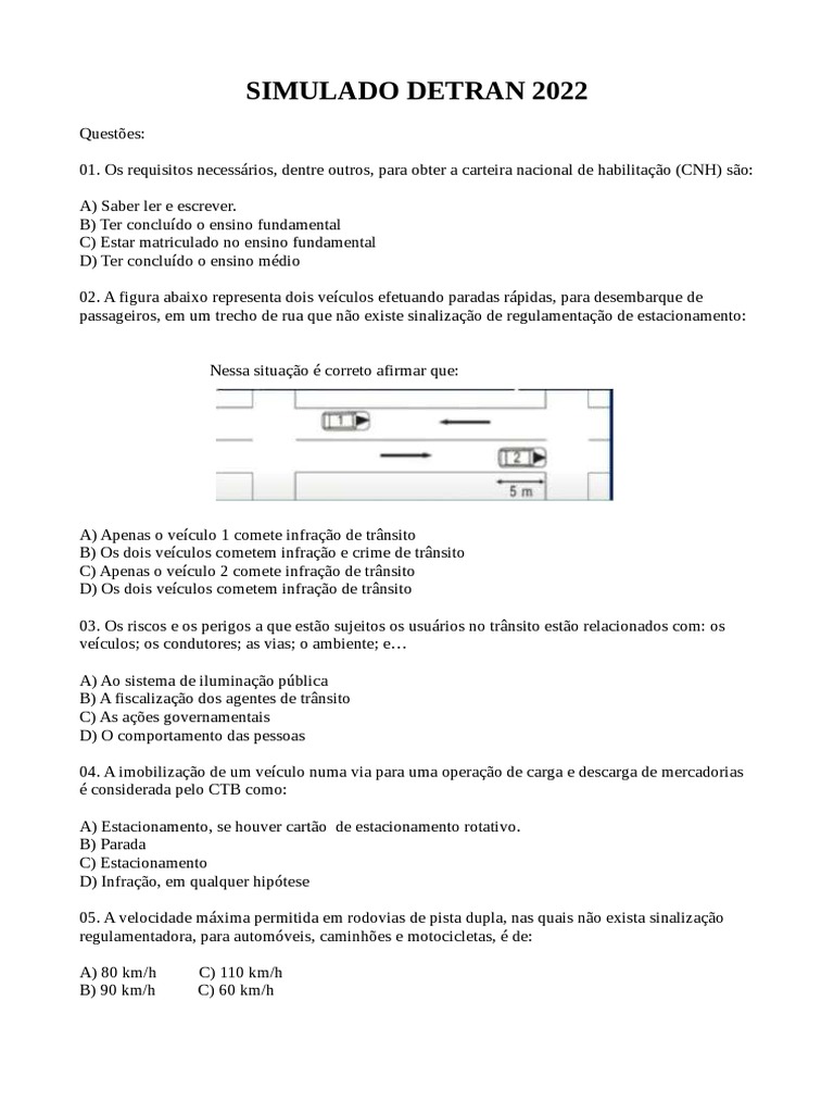 Simulado Detran CE 2022: 40 Questões | PDF | Tráfego | Carteira de ...
