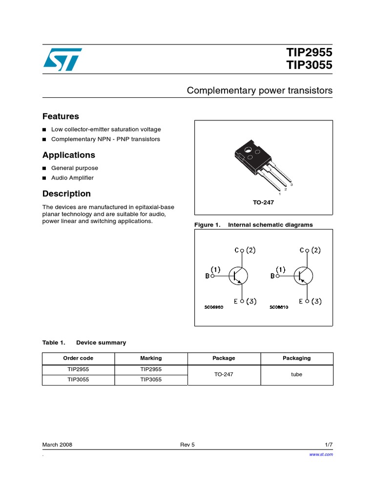 TIP3055 | PDF | Bipolar Junction Transistor | Electricity