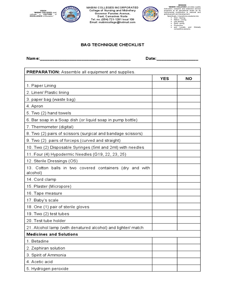 Bag Technique Checklist PDF Health Sciences