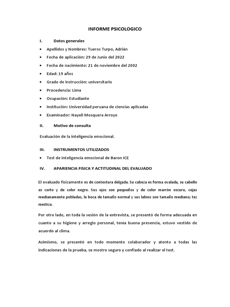 Informe de Evaluación Emocional de Adrián | PDF | Las emociones ...