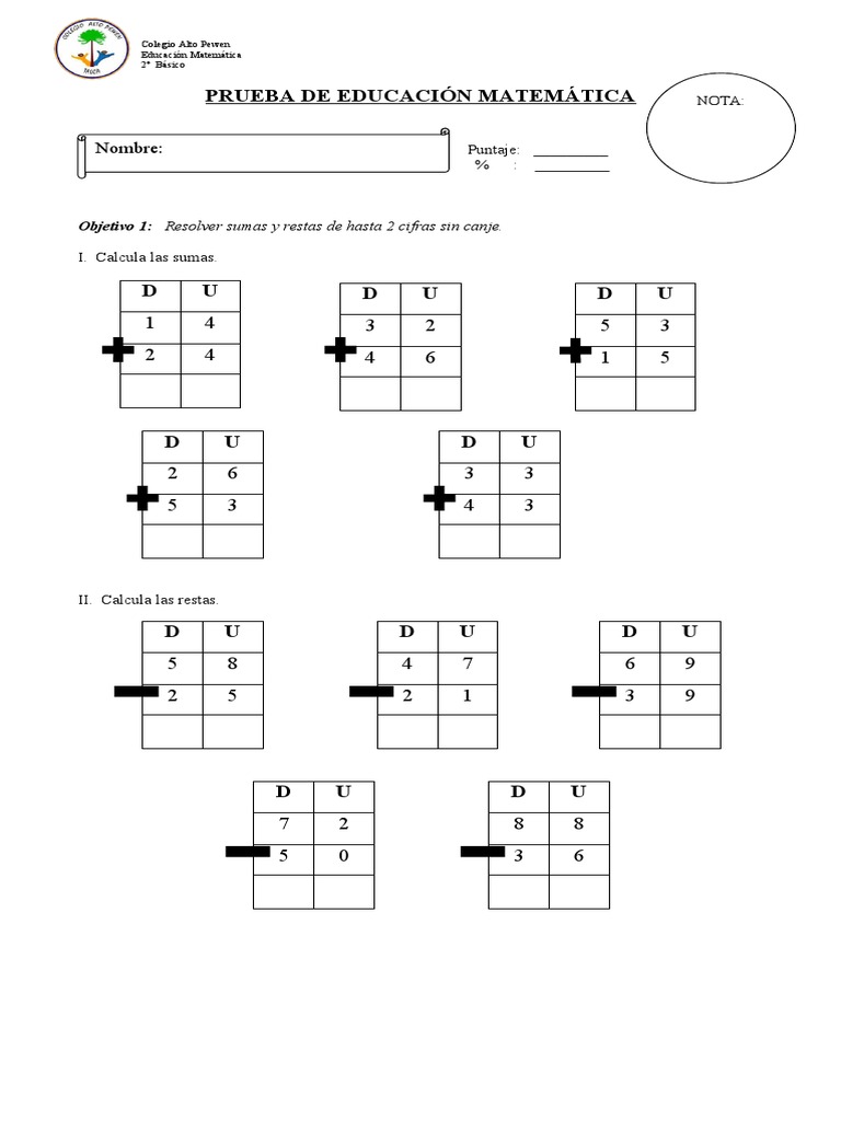 Prueba de Sumas y Restas 2º Básico | PDF | Matemáticas | Aritmética