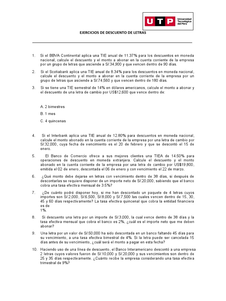 Ejercicios de Descuento de Letras | PDF | Bancos | Bancario