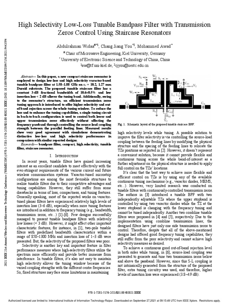 High Selectivity LowLoss Tunable Bandpass Filter With Transmission