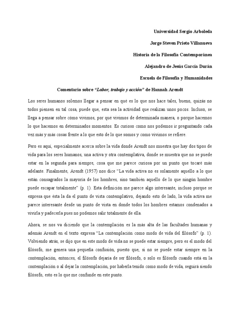 Comentario sobre Arendt: Labor y Acción | PDF | Hannah Arendt | Filosofía
