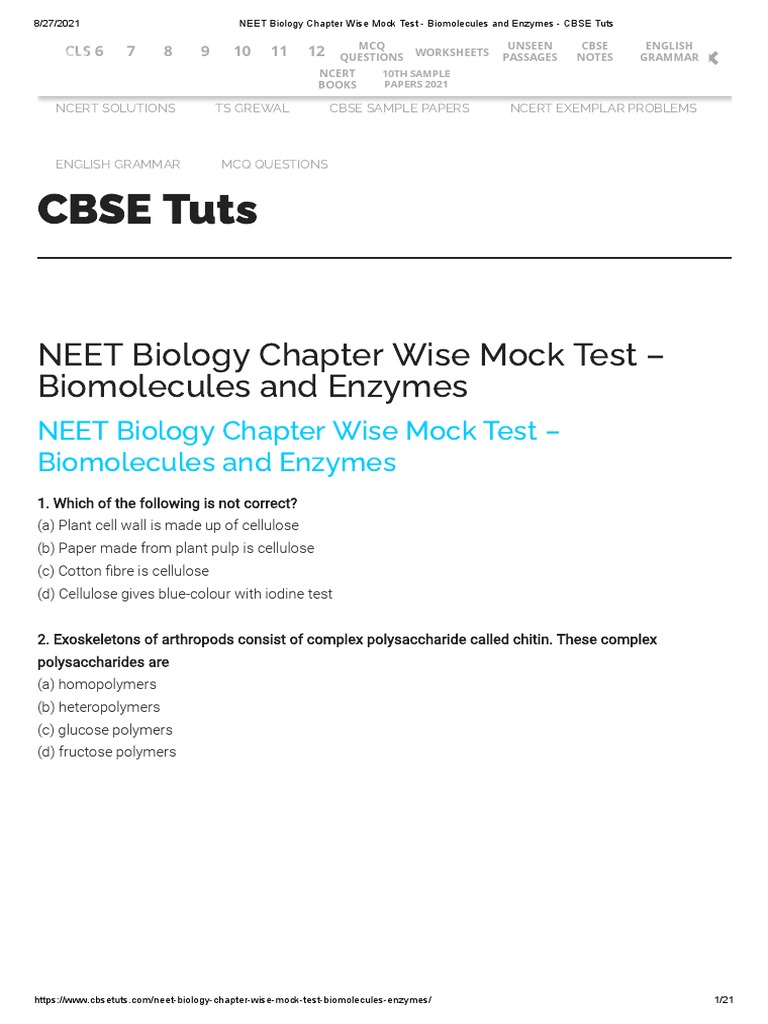 NEET Biology Chapter Wise Mock Test Biomolecules and Enzymes CBSE