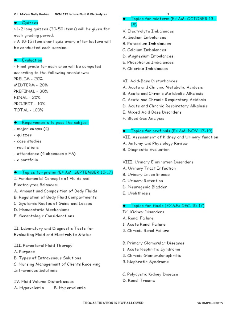 NCM 112 Fluid and Electrolyte Overview | PDF | Angiotensin | White ...