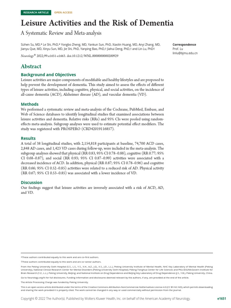 Leisure Activities and The Risk of Dementia PDF Dementia