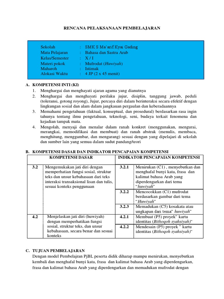 Contoh RPP PjBL Bahasa Arab SMK | PDF