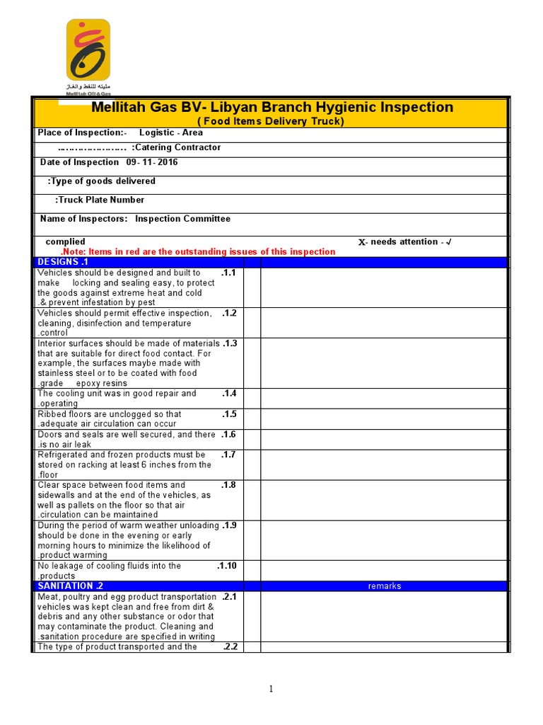 Food Truck Inspection Checklist | PDF | Foods | Pallet