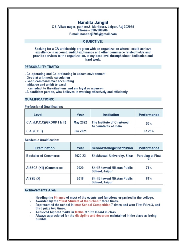 CA Articleship Resume of Nandita Jangid | PDF | Business | Finance ...