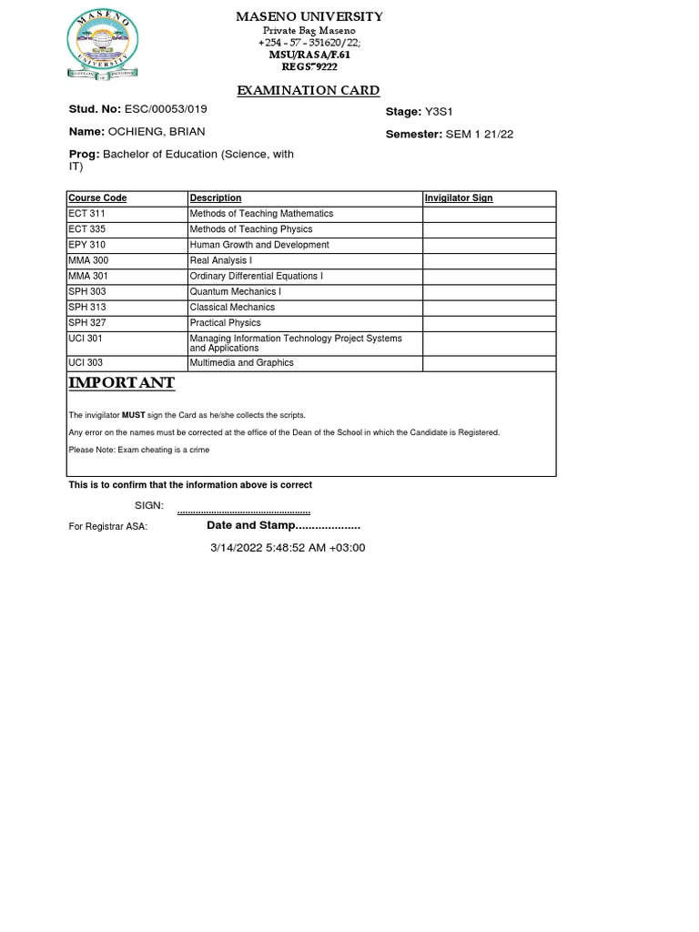 ExamCard ESC00053019 | PDF