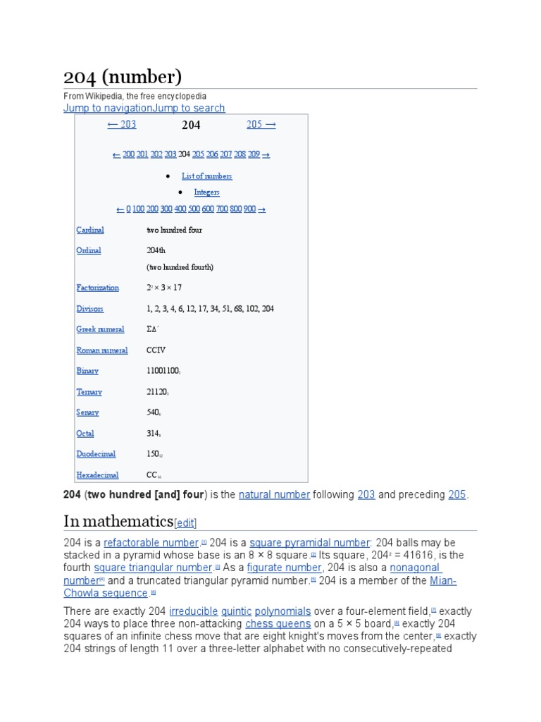 204 (Number) : in Mathematics | PDF | Numbers | Sequence