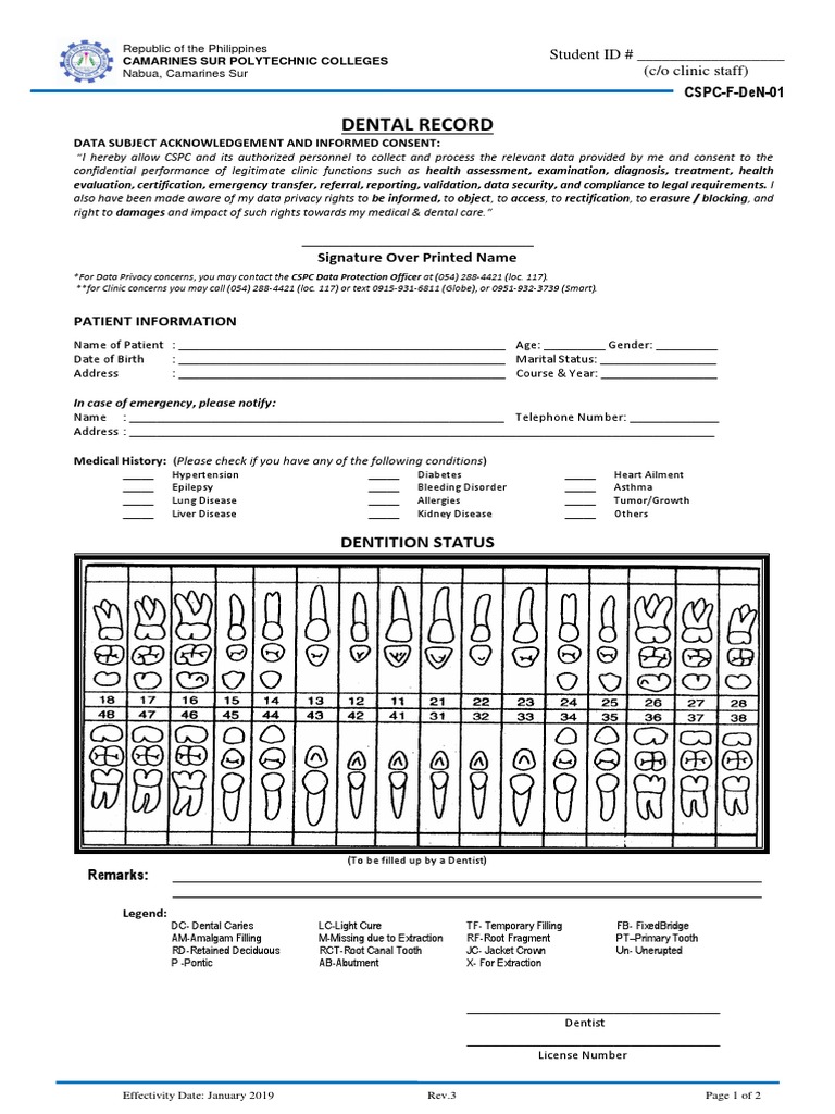Dental Record Form CSPC (1) PDF Dentistry Dentist