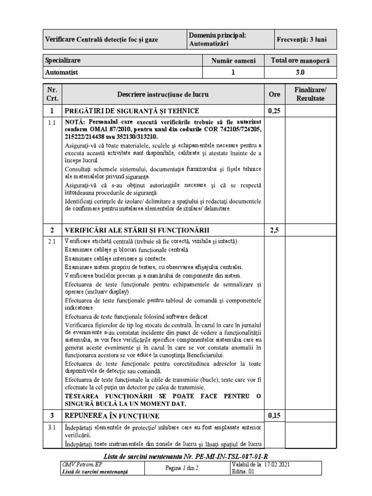 Task List Verificare Centrala Detectie Foc Si Gaze | PDF