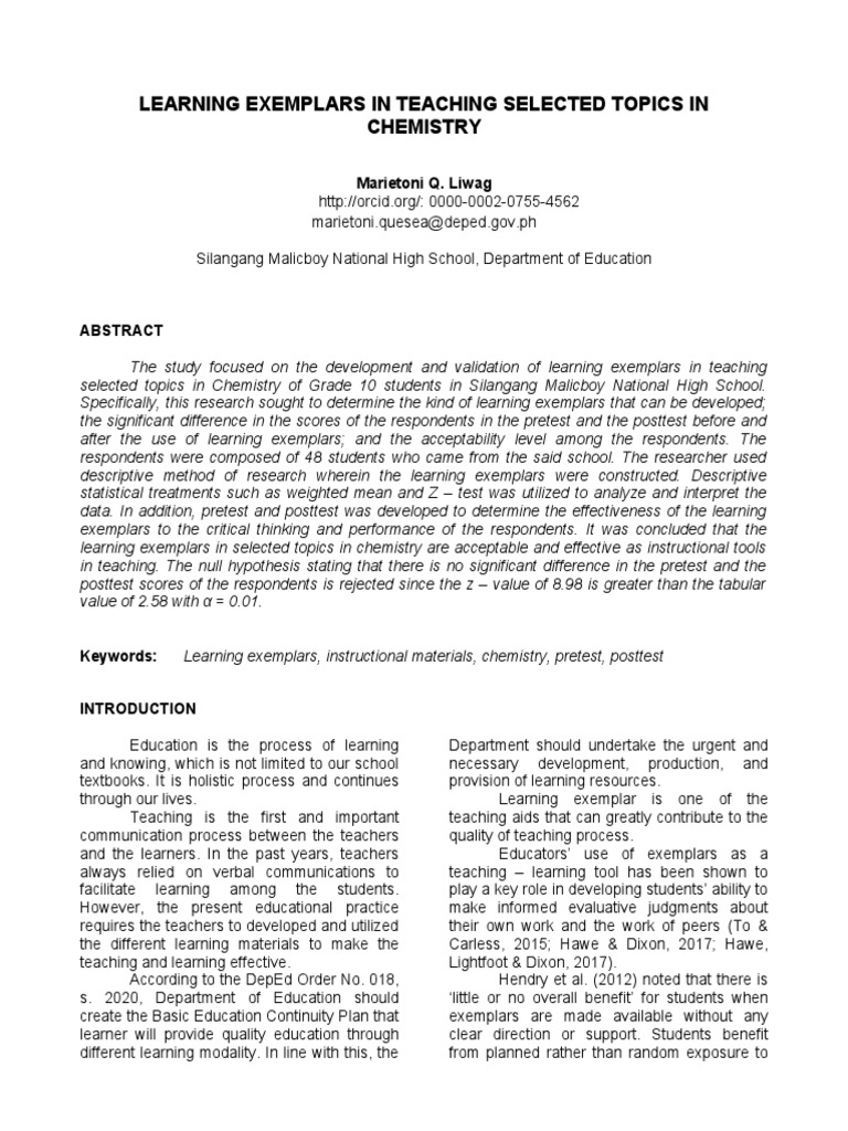 Effective Learning Exemplars in Chemistry | PDF | Teaching Method ...