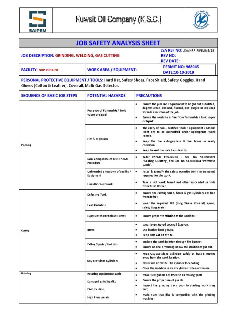 JSA 19 Grinding, Welding, Gas Cutting PDF Personal Protective