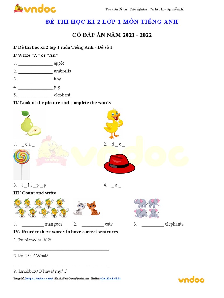 De Thi Hoc Ki 2 Mon Tieng Anh Lop 1 | PDF