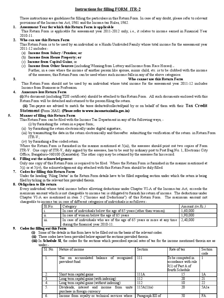ITR-2 Filing Instructions 2011-12 | PDF
