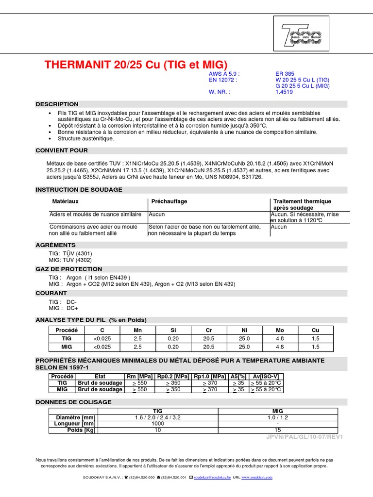 Fils THERMANIT 20/25 Cu pour soudage | PDF | Acier | Acier inoxydable