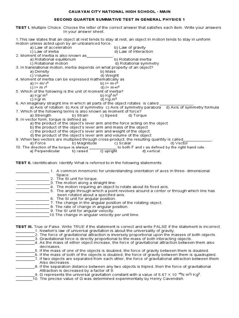 2nd quarter summative test in physics 1 download free pdf rotation