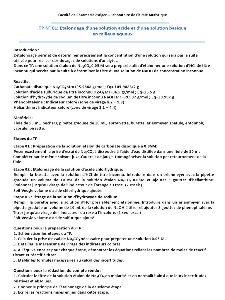 Etalonnage et titrage en chimie analytique | PDF | Titrage | Chimie