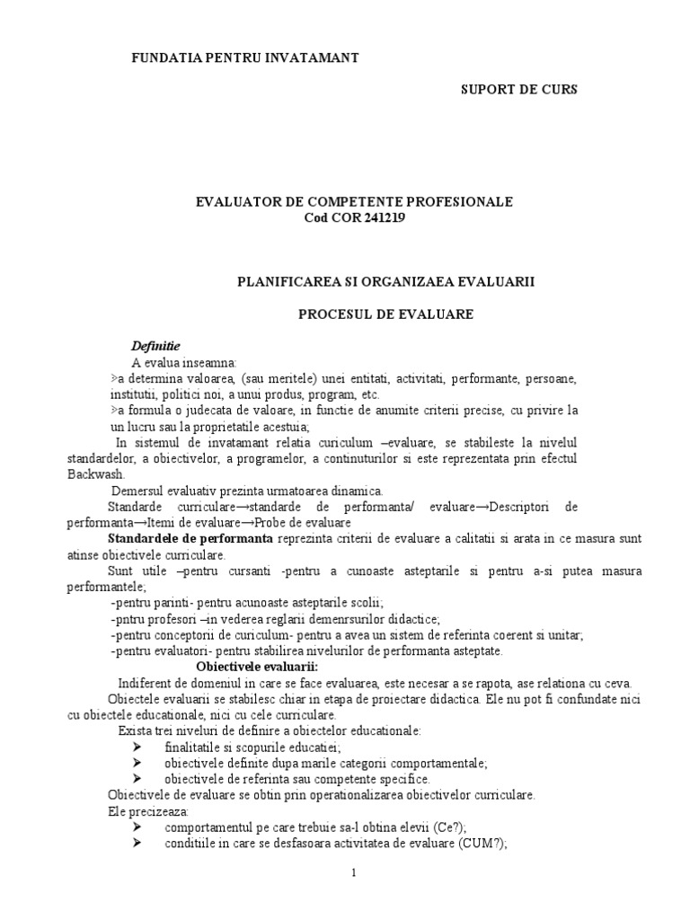 Suport de Curs Evaluator Competente Profesionale | PDF