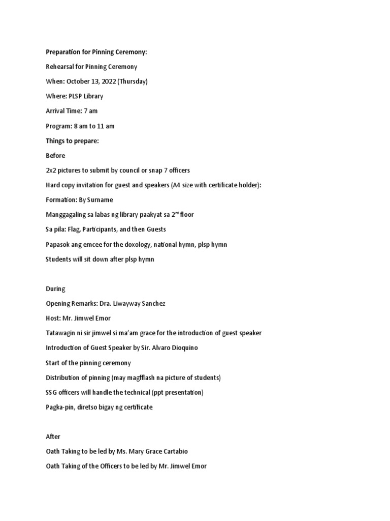 Preparation For Pinning Ceremony Pdf